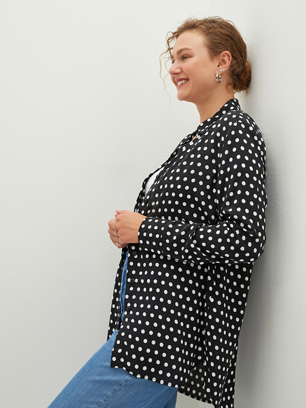 Front Button Closure Polka Dot Long Sleeve Poplin Women's Shirt