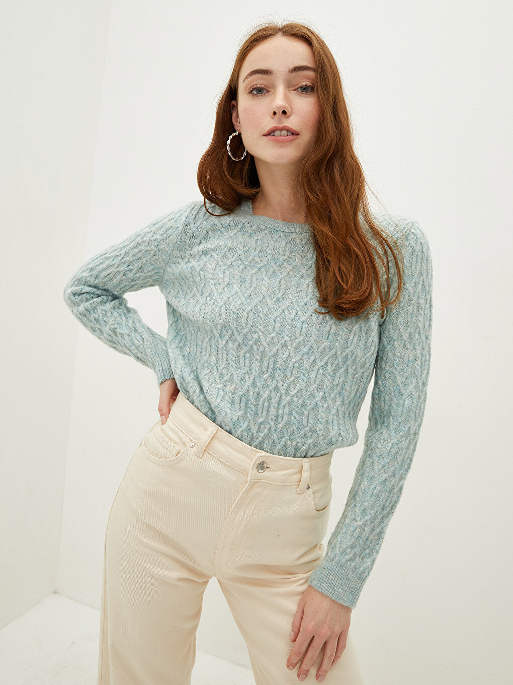 Crew Neck Self-Patterned Long Sleeve Women's Knitwear Sweater