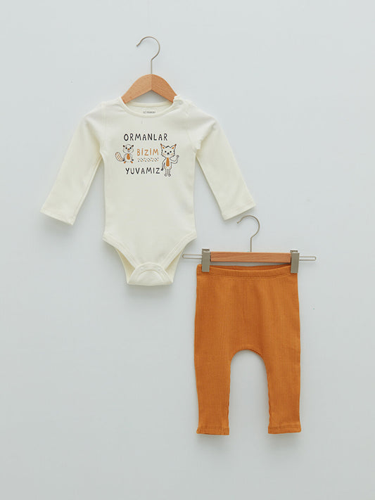 Crew Neck Long Sleeve Extinct Animal Themed Beaver Printed Baby Boy Snap Fasten Body and Pants 2-Piece Set