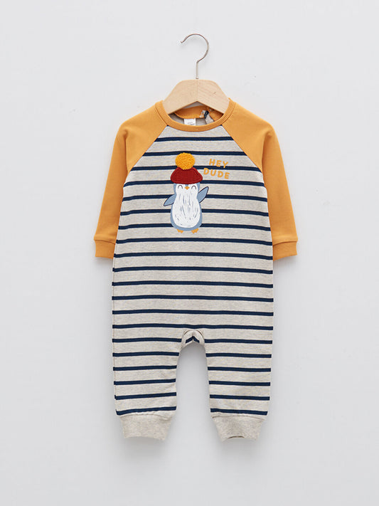 Crew Neck Long Sleeve Striped Cotton Baby Boy Jumpsuit