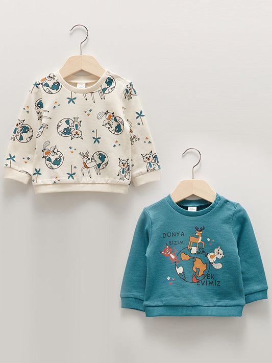 Crew Neck Long Sleeve Extinct Animal Themed Beaver Printed Cotton Baby Boy Sweatshirt 2-pack