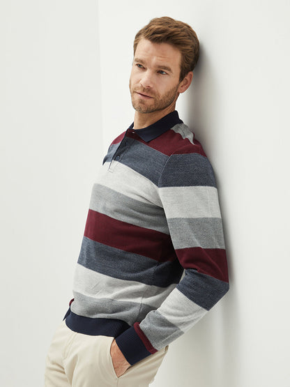 Polo Neck Long Sleeve Striped Men's Sweatshirt