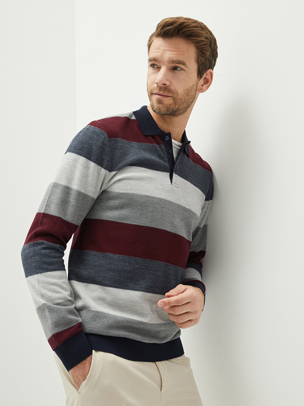 Polo Neck Long Sleeve Striped Men's Sweatshirt