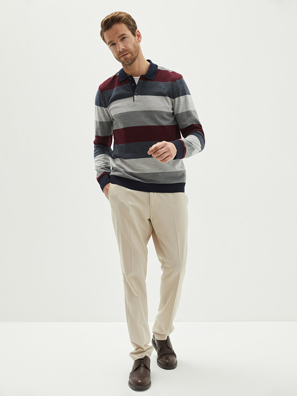 Polo Neck Long Sleeve Striped Men's Sweatshirt