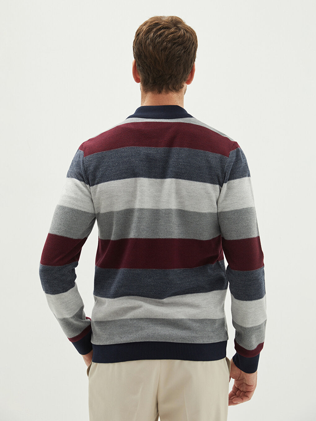 Polo Neck Long Sleeve Striped Men's Sweatshirt