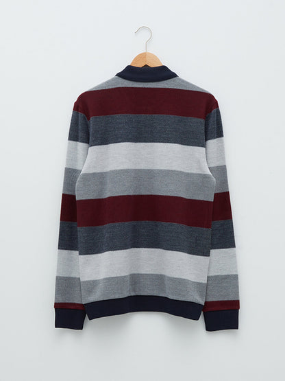 Polo Neck Long Sleeve Striped Men's Sweatshirt