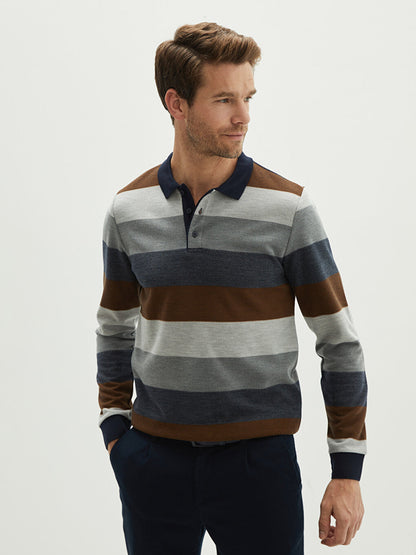 Polo Neck Long Sleeve Striped Men's Sweatshirt