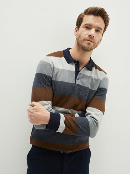 Polo Neck Long Sleeve Striped Men's Sweatshirt