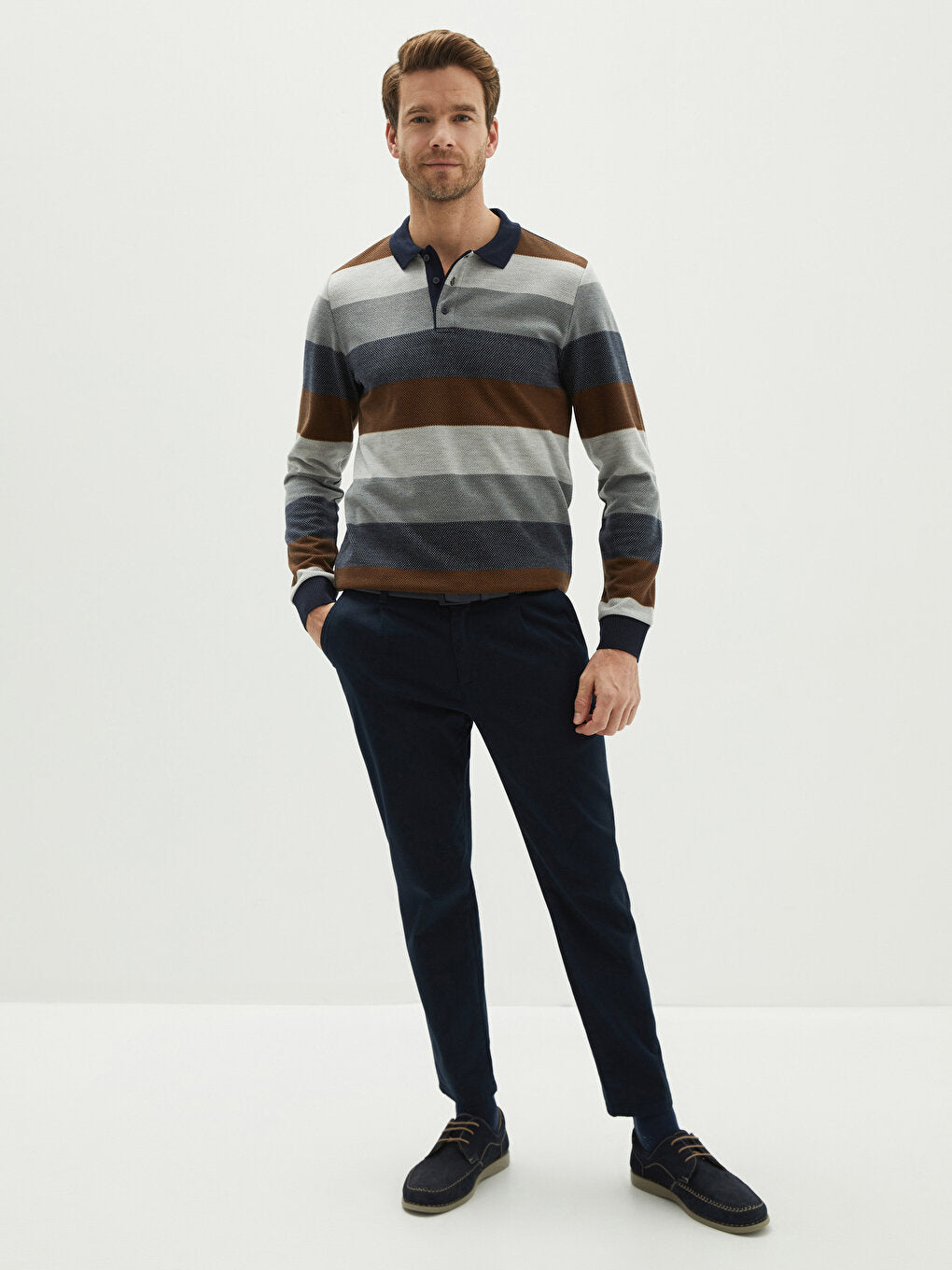 Polo Neck Long Sleeve Striped Men's Sweatshirt