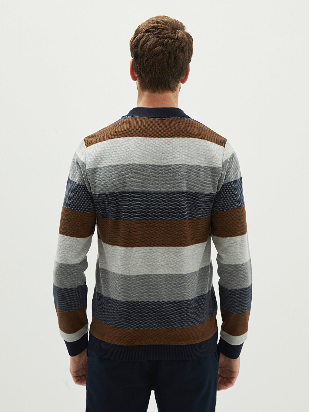 Polo Neck Long Sleeve Striped Men's Sweatshirt