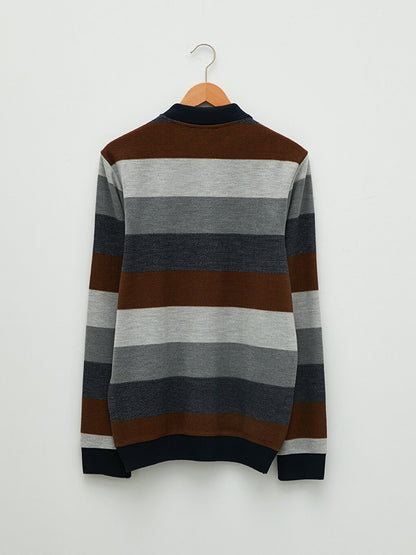 Polo Neck Long Sleeve Striped Men's Sweatshirt