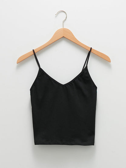 V-Neck Rope Strap Straight Crop Ribbed Fabric Women's Athlete