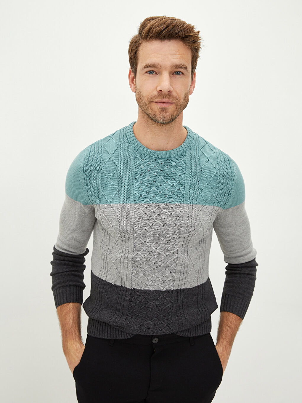 Crew Neck Long Sleeve Color Block Men's Knitwear Sweater