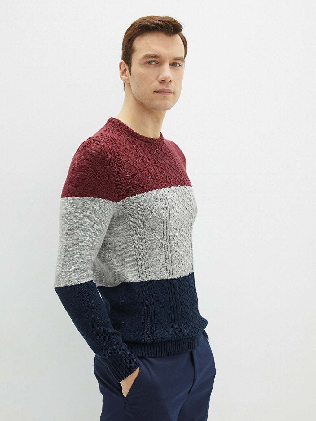 Crew Neck Long Sleeve Color Block Men's Knitwear Sweater