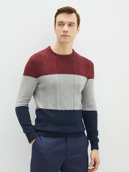 Crew Neck Long Sleeve Color Block Men's Knitwear Sweater