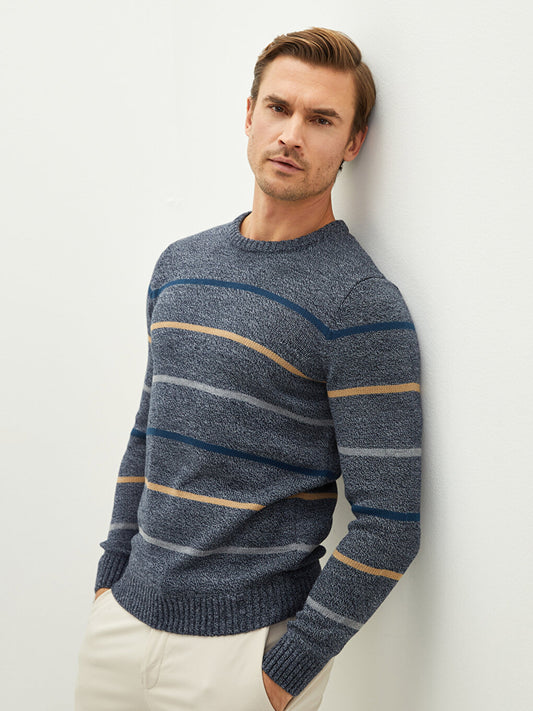 Crew Neck Long Sleeve Striped Men's Knitwear Sweater