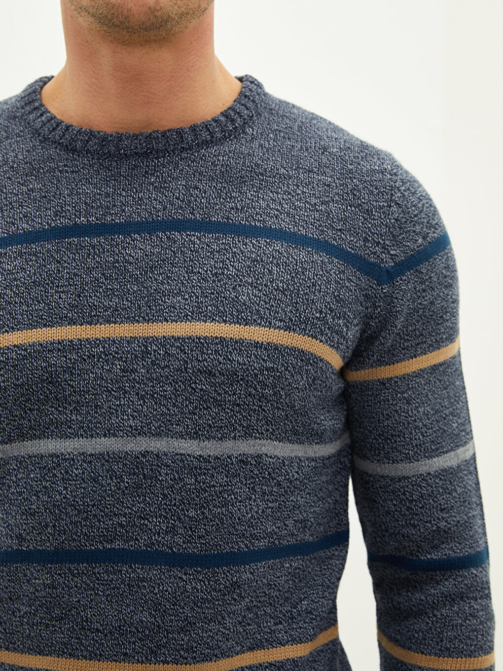 Crew Neck Long Sleeve Striped Men's Knitwear Sweater