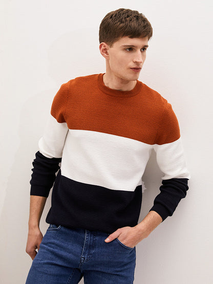 Crew Neck Long Sleeve Color Block Men's Knitwear Sweater