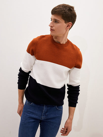 Crew Neck Long Sleeve Color Block Men's Knitwear Sweater