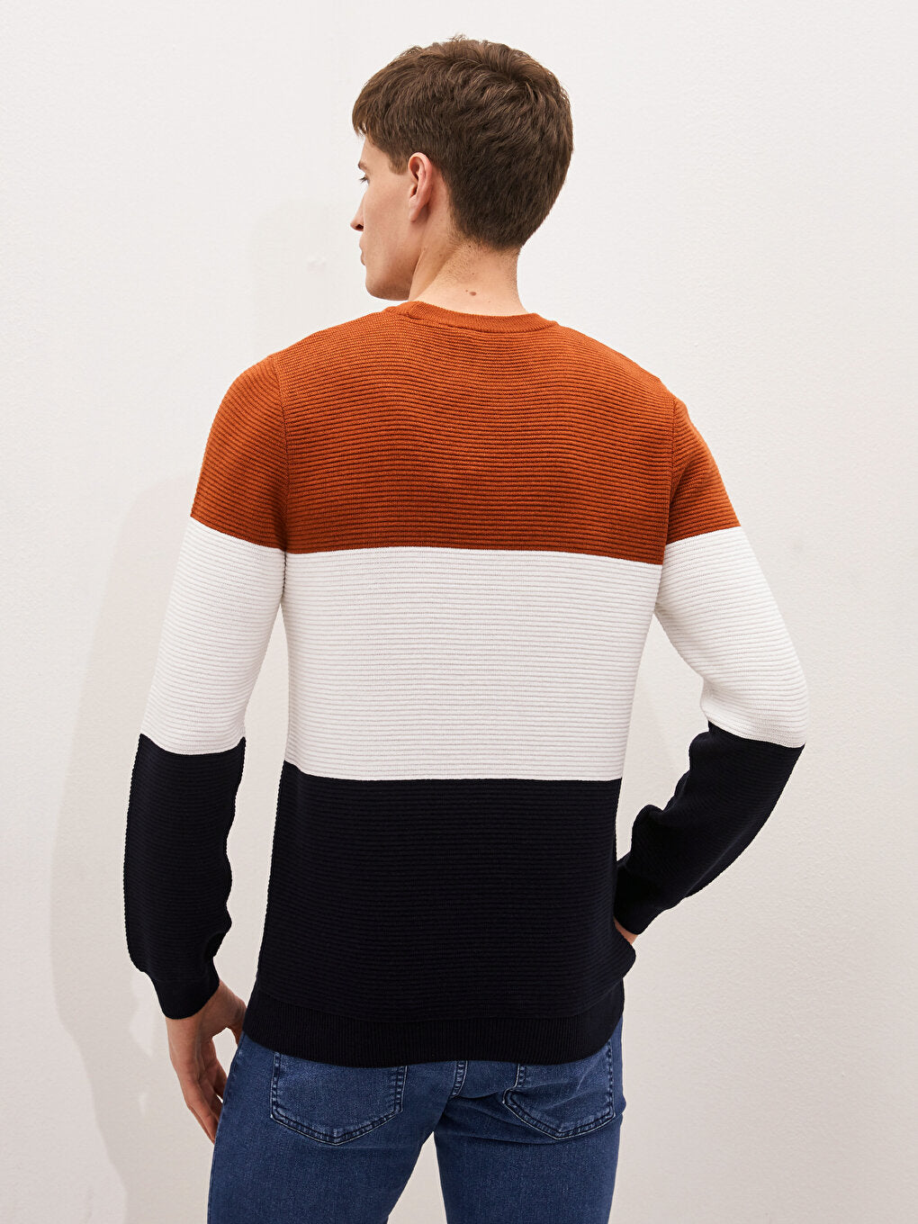 Crew Neck Long Sleeve Color Block Men's Knitwear Sweater