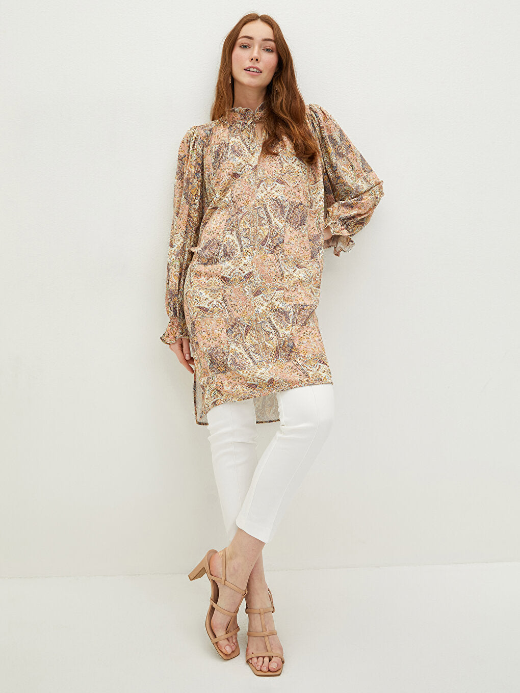 Ruffled Tie Collar Patterned Long Sleeve Viscose Women's Tunic