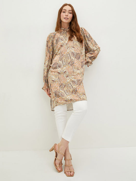 Ruffled Tie Collar Patterned Long Sleeve Viscose Women's Tunic