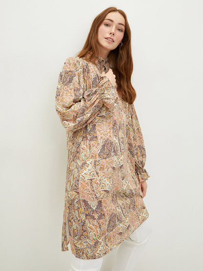 Ruffled Tie Collar Patterned Long Sleeve Viscose Women's Tunic