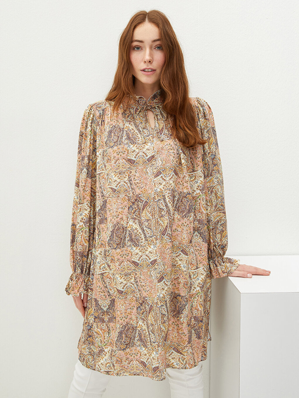 Ruffled Tie Collar Patterned Long Sleeve Viscose Women's Tunic