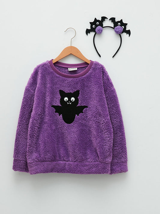 Crew Neck Embroidered Long Sleeve Plush Girl's Sweatshirt with Crown