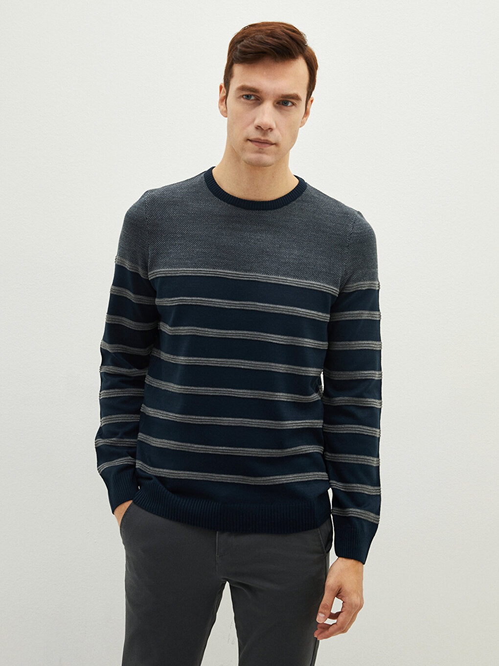 Crew Neck Long Sleeve Striped Men's Knitwear Sweater