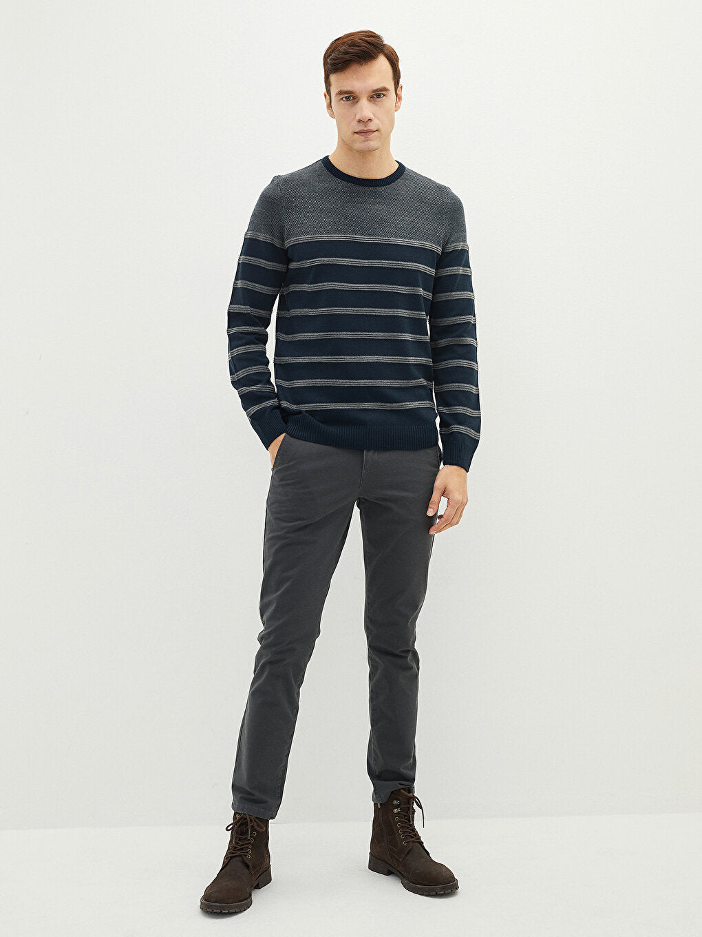 Crew Neck Long Sleeve Striped Men's Knitwear Sweater