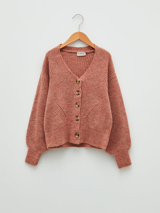 V-Neck Basic Long Sleeve Girl's Knitwear Cardigan