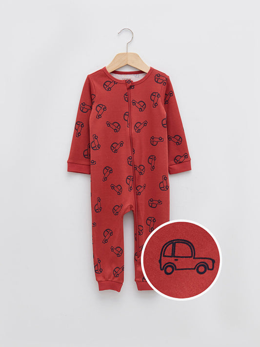 Crew Neck Long Sleeve Printed Baby Boy Zipper Jumpsuit