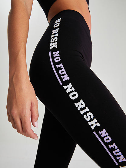 Elastic Waist Slogan Printed Women's Tights