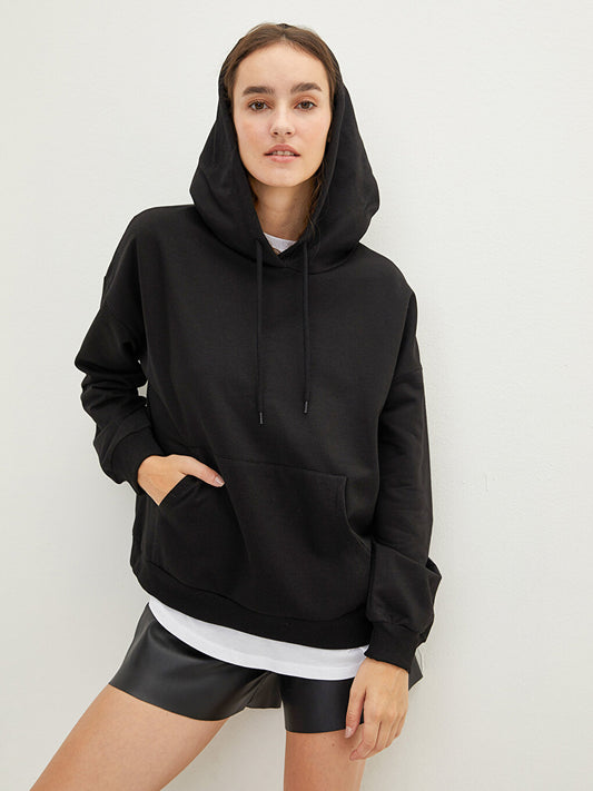 Hooded Collar Plain Long Sleeve Pocket Detailed Women's Sweatshirt