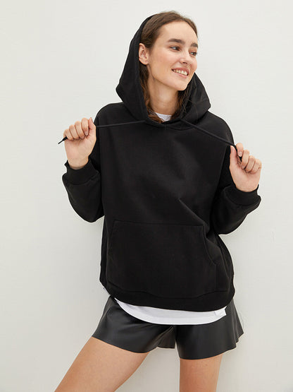 Hooded Collar Plain Long Sleeve Pocket Detailed Women's Sweatshirt