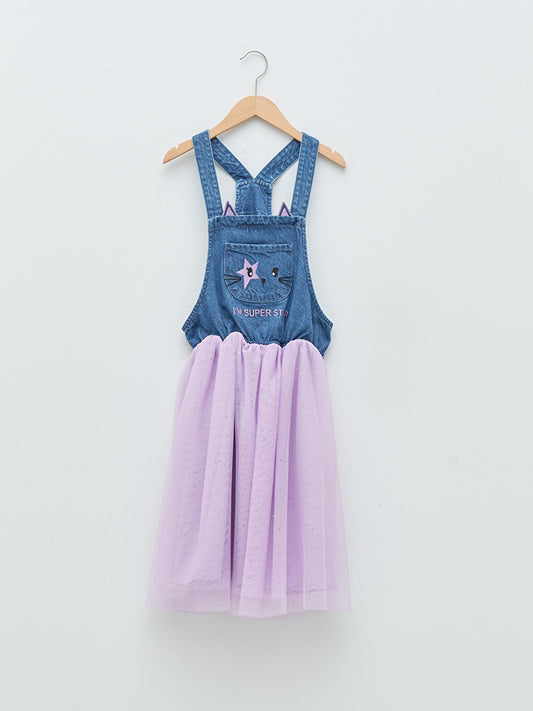 Square Neck Embroidery Detailed Strappy Girl's Dress