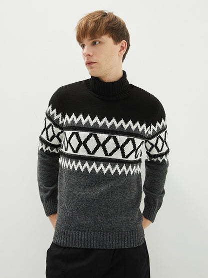 Turtleneck Long Sleeve Patterned Men's Knitwear Sweater