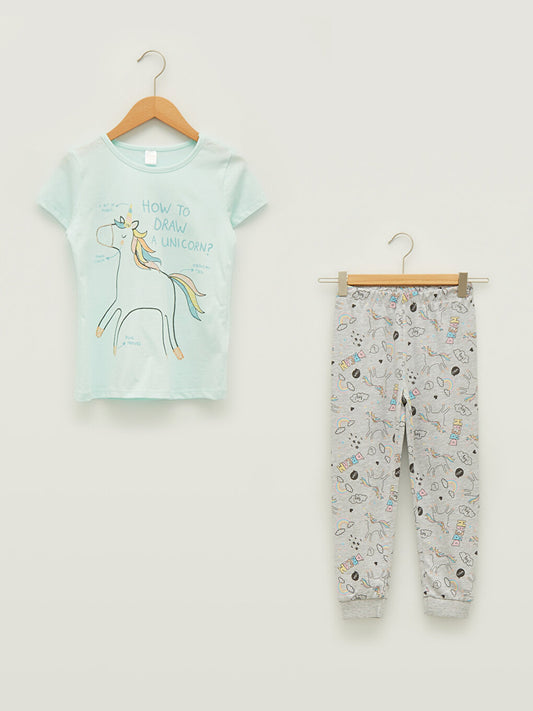 Crew Neck Printed Short Sleeve Girl's Pajama Set