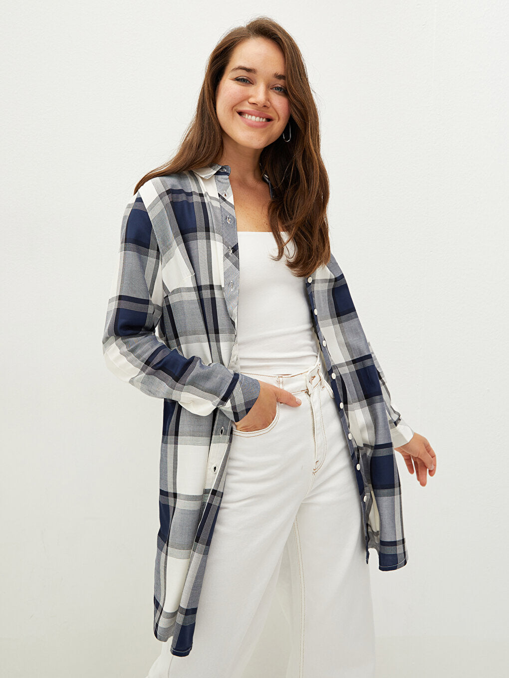 Plaid Long Sleeve Viscose Women's Shirt Tunic