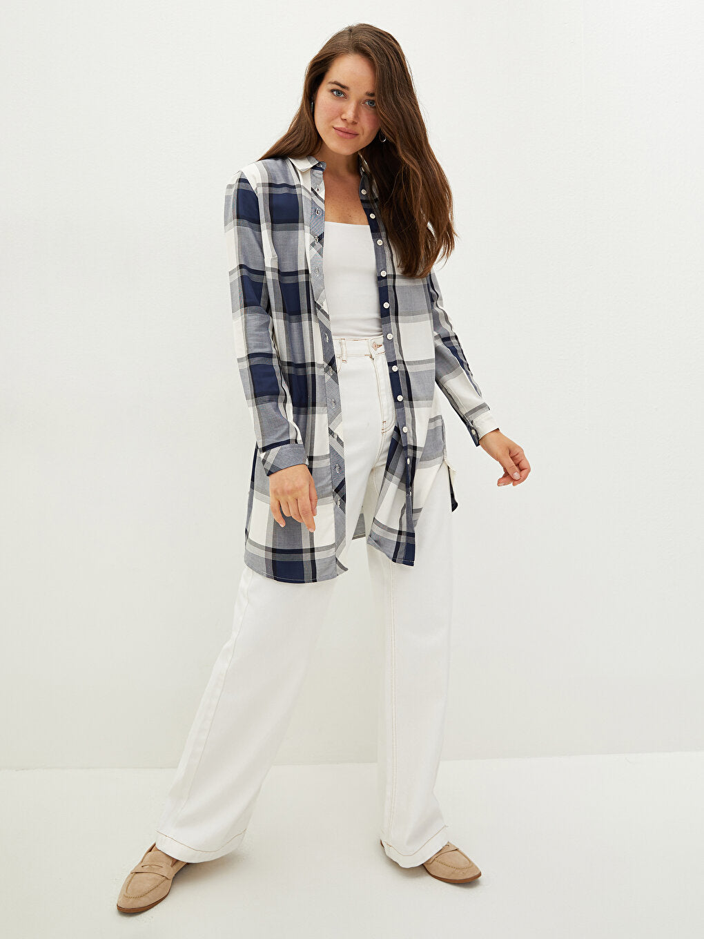 Plaid Long Sleeve Viscose Women's Shirt Tunic