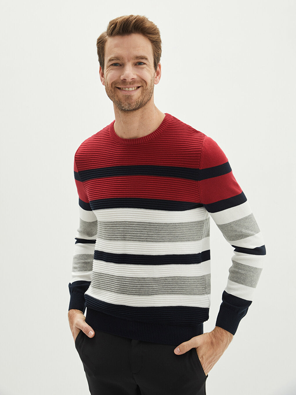 Crew Neck Long Sleeve Color Block Men's Knitwear Sweater