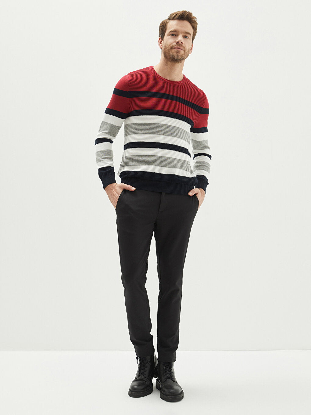 Crew Neck Long Sleeve Color Block Men's Knitwear Sweater