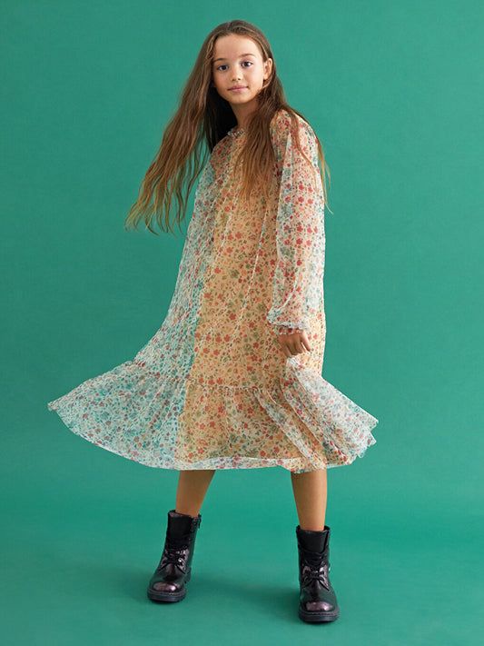 Patterned Long Sleeve Girl's Dress with Ruffle Detail on the Collar