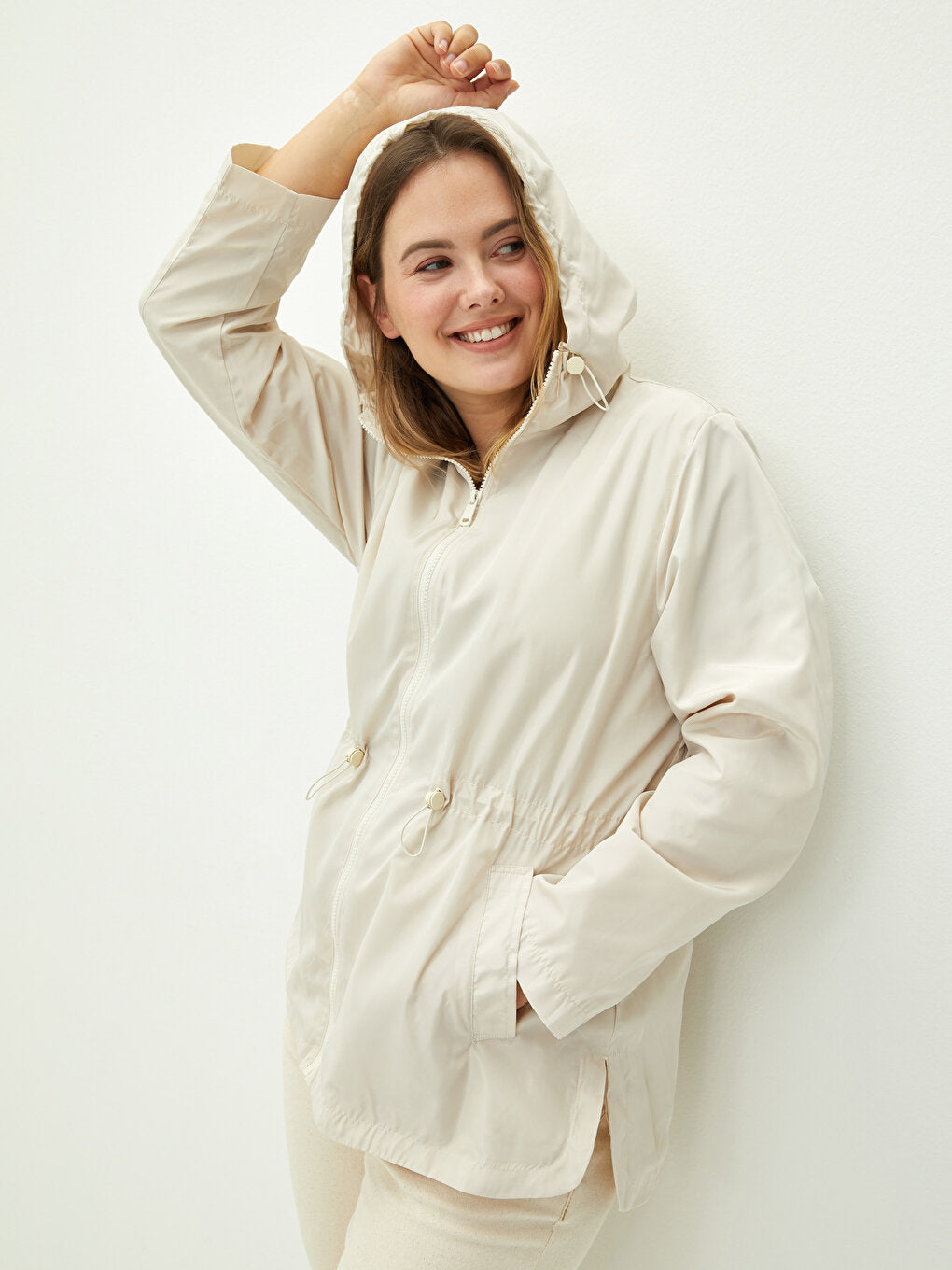 Hooded Collar Plain Long Sleeve Pocket Detailed Women's Raincoat