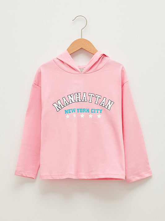 Hooded Printed Long Sleeve Cotton Girls' T-Shirt