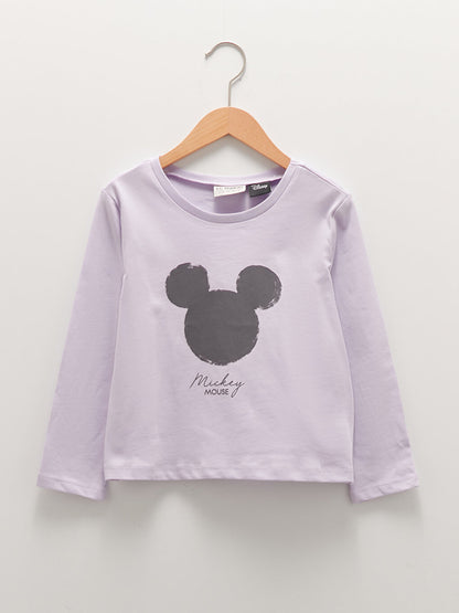 Crew Neck Mickey Mouse Printed Long Sleeve Cotton Girls' T-Shirt