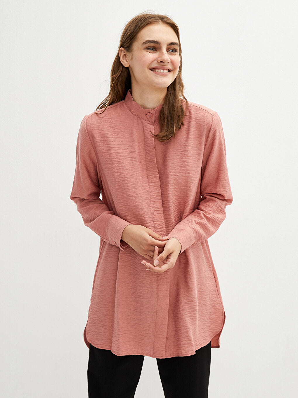 High Collar Plain Long Sleeve Women's Tunic