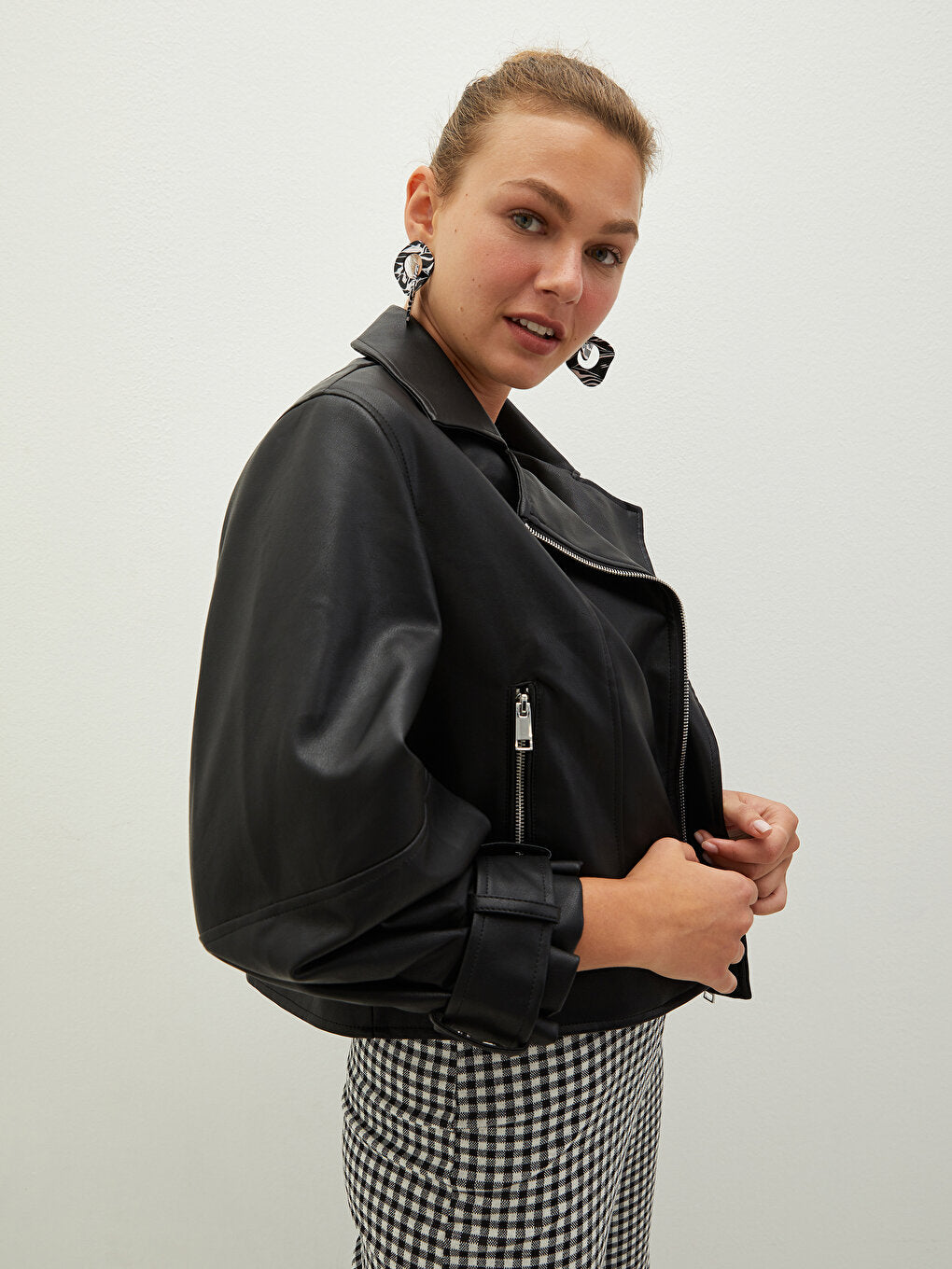 Biker Collar Straight Pocket Detailed Long Sleeve Women's Leather Look Coat