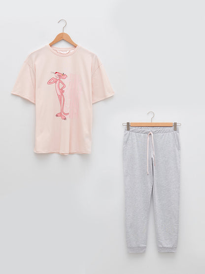 Crew Neck Pink Panther Printed Short Sleeve Women's Pajama Set